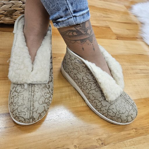 Mjartan szőrme galléros arany mintás világosbarna gyapjú melegmamusz 