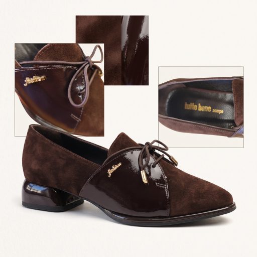 TUTTO BENE SCARPE extravagáns lakk betétes velúrbőr mocca félcipő 