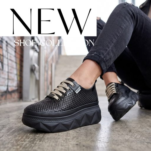 VIA ROMA platform talpas magasfényű fekete sneaker 
