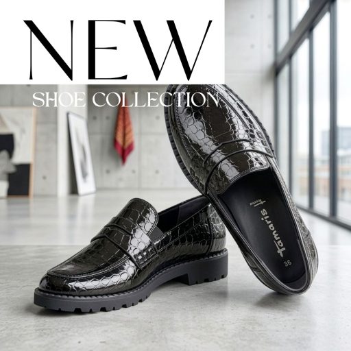 TAMARIS ESSENTIALS magasfényű anyagában mintás fekete loafer 