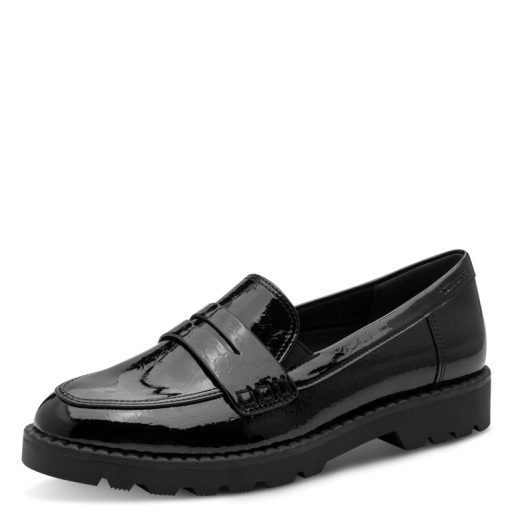 TAMARIS ESSENTIALS magasfényű anyagában mintás fekete loafer 