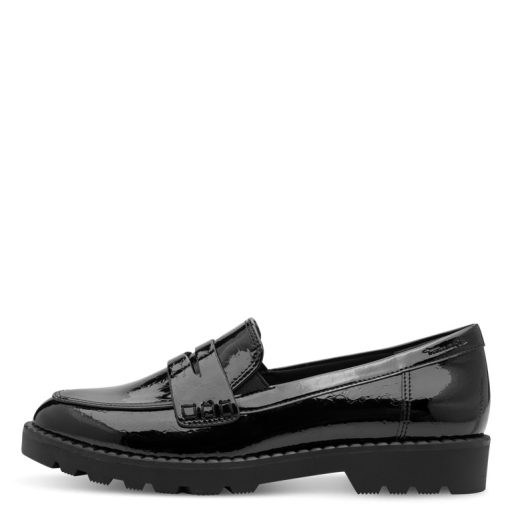 TAMARIS ESSENTIALS magasfényű anyagában mintás fekete loafer 