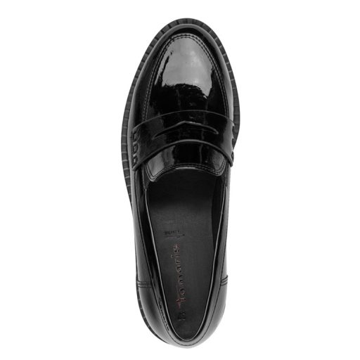TAMARIS ESSENTIALS magasfényű anyagában mintás fekete loafer 