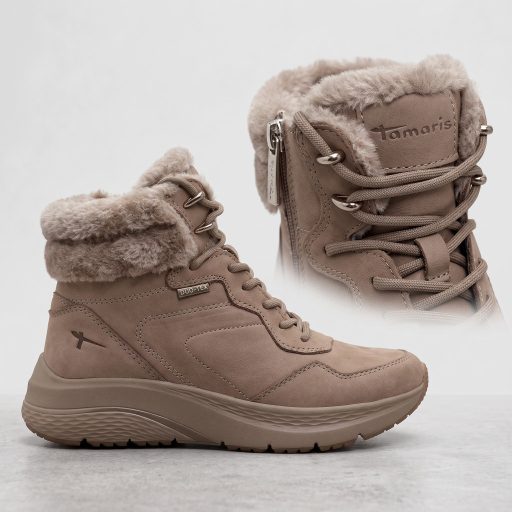 TAMARIS DUO-TEX outdoor szőrmés bőr bakancs – taupe