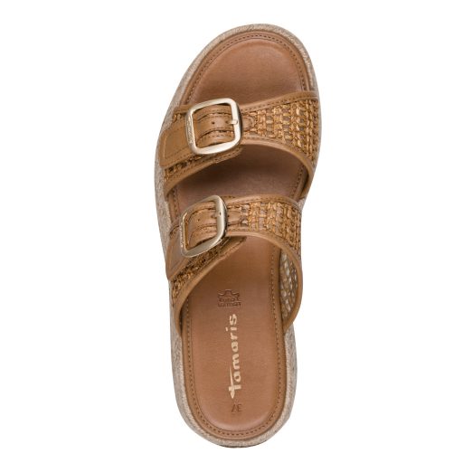 TAMARIS vastag platform talpas 2 pántos vagány cognac papucs 