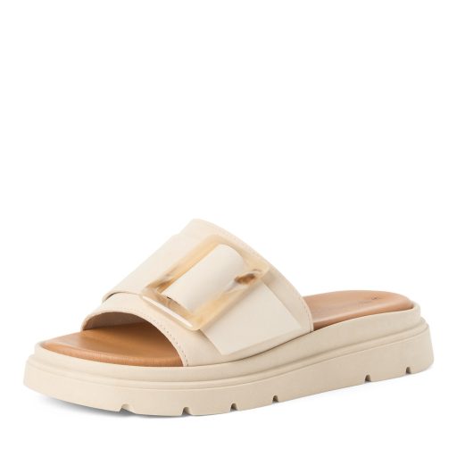 TAMARIS vastag talpú elején csatos ivory bőr papucs 