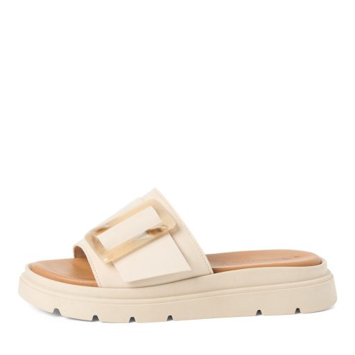 TAMARIS vastag talpú elején csatos ivory bőr papucs 