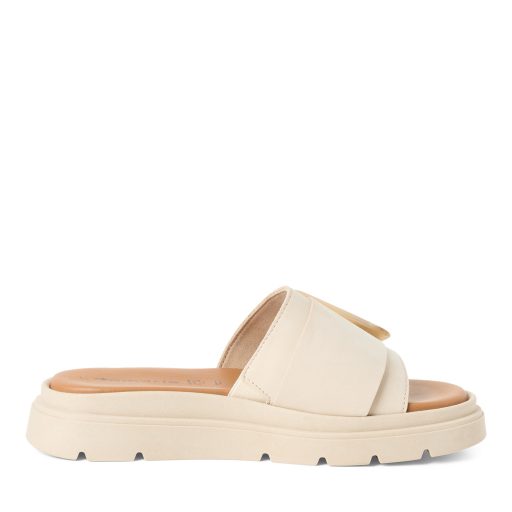 TAMARIS vastag talpú elején csatos ivory bőr papucs 