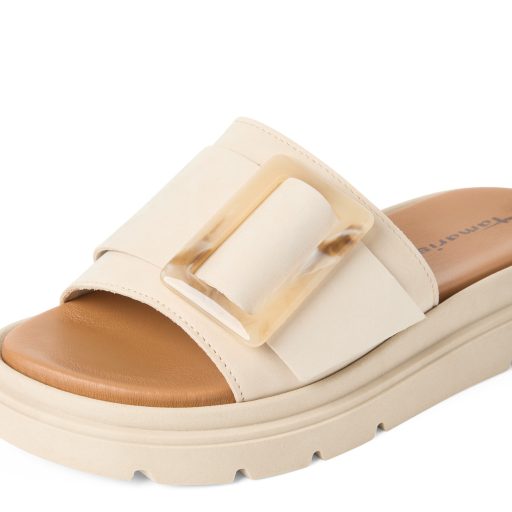 TAMARIS vastag talpú elején csatos ivory bőr papucs 