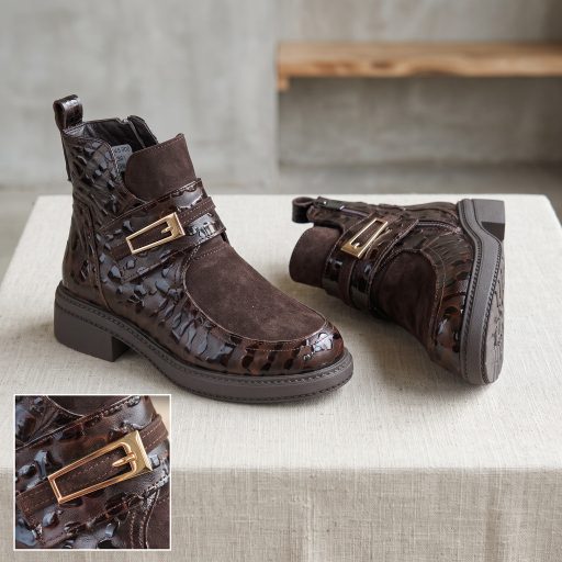 VIA ROMA enyhén vastag talpú croco mintás cognac bőr bakancs 