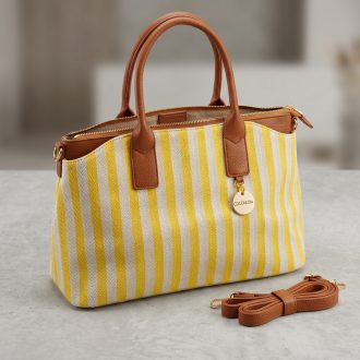 Kézi,- váll,- és oldaltáska citromsárga-bézs csíkos 