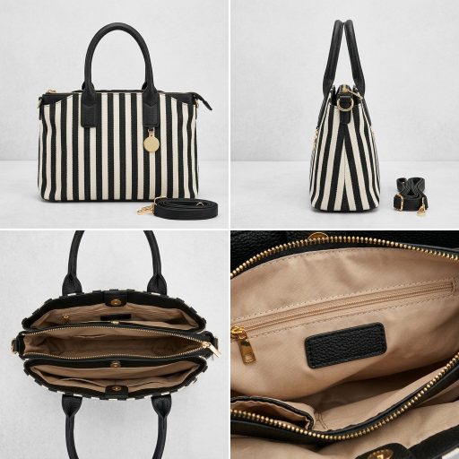 Kézi,- váll,- és oldaltáska fekete-bézs csíkos 