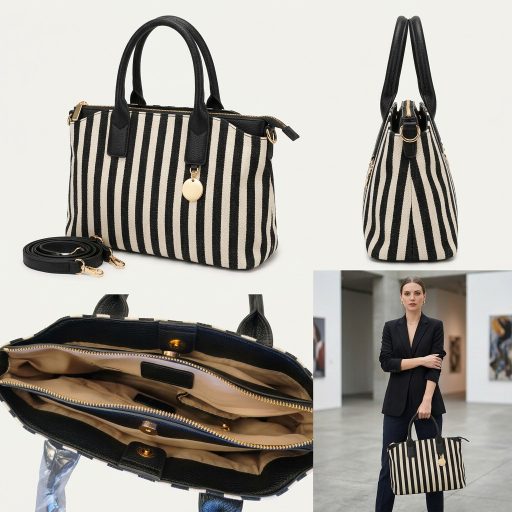Kézi,- váll,- és oldaltáska fekete-bézs csíkos 