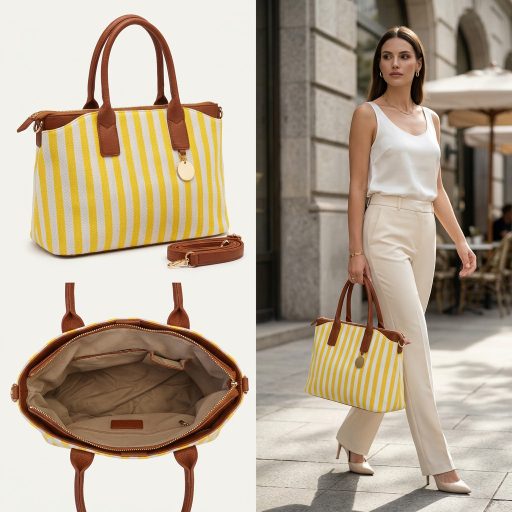 Kézi,- váll,- és oldaltáska citromsárga-bézs csíkos 