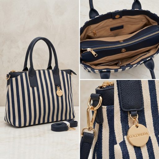 Kézi,- váll,- és oldaltáska kék-bézs csíkos 