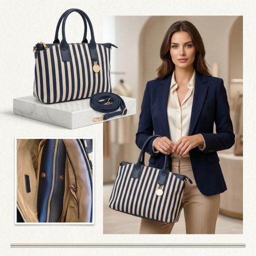 Kézi,- váll,- és oldaltáska kék-bézs csíkos 