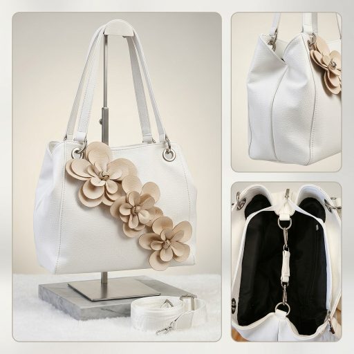 Zellia váll,- és oldaltáska bézs virágos fehér