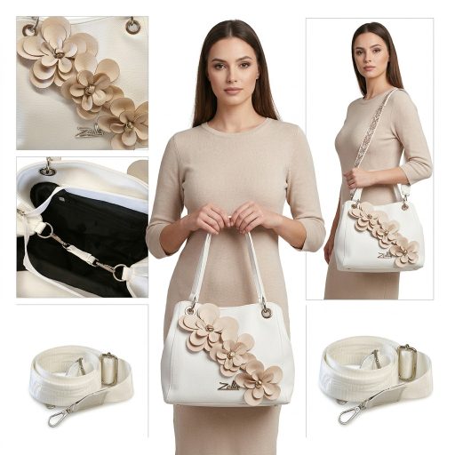 Zellia váll,- és oldaltáska bézs virágos fehér