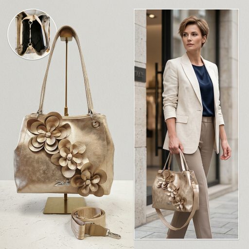 Zellia váll,- és oldaltáska virágos arany