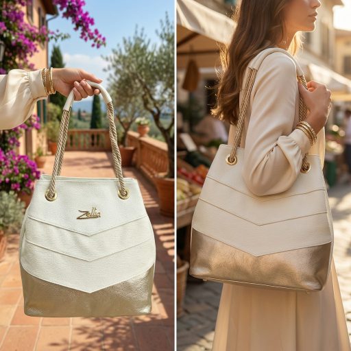 Zellia kézi,- váll- és oldaltáska krém-arany 