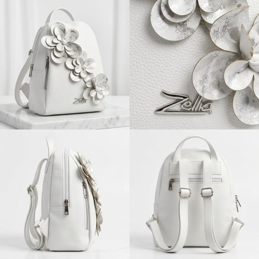 Zellia hátitáska ezüst virágos fehér 