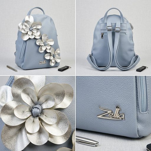 Zellia hátitáska ezüst virágos világoskék 