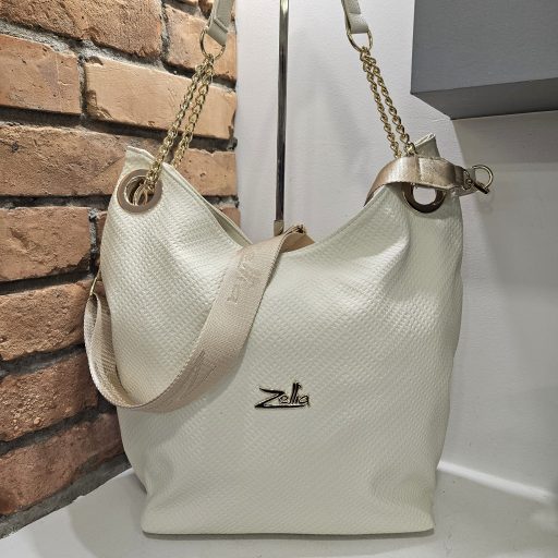 Zellia váll,- és oldaltáska anyagában mintás arany láncos bézs 