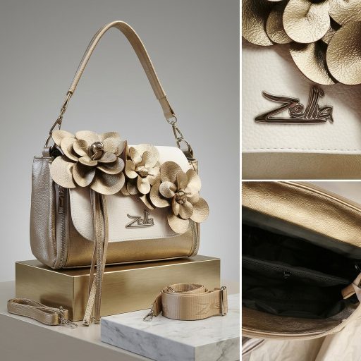 Zellia váll,- és oldaltáska virágos arany-fehér 