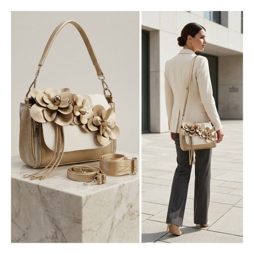 Zellia váll,- és oldaltáska virágos arany-fehér 