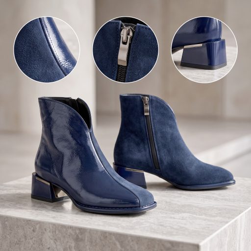 TUTTO BENE SCARPE luxury lakk-velúr bőr bokacsizma design sarokkal – sötétkék