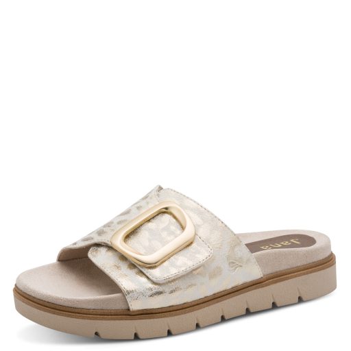 JANA SOFTLINE vastag talpú csatos elejű ocelot mintás arany papucs 