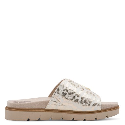 JANA SOFTLINE vastag talpú csatos elejű ocelot mintás arany papucs 