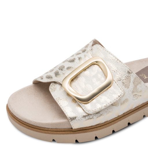 JANA SOFTLINE vastag talpú csatos elejű ocelot mintás arany papucs 