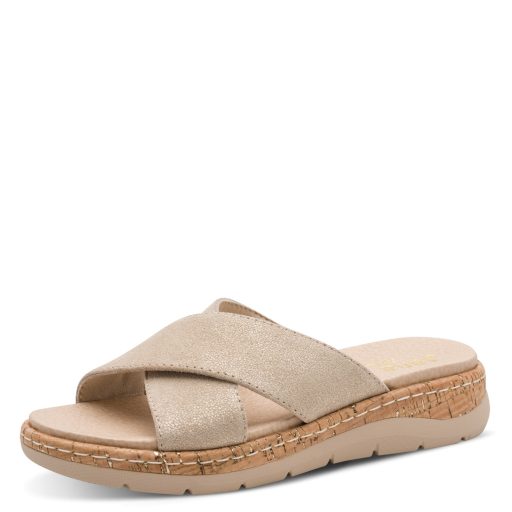 JANA SOFTLINE emelt talpú X pántos arany bőr kényelmi papucs 