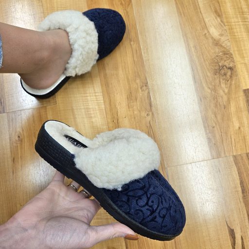 Mjartan szőrme galléros mintás sötétkék gyapjú melegpapucs 