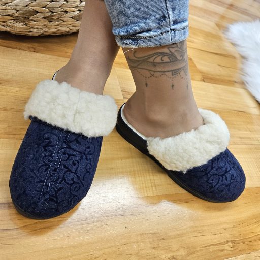 Mjartan szőrme galléros mintás sötétkék gyapjú melegpapucs 