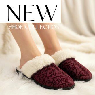   Mjartan szőrme galléros mintás bordó gyapjú melegpapucs 