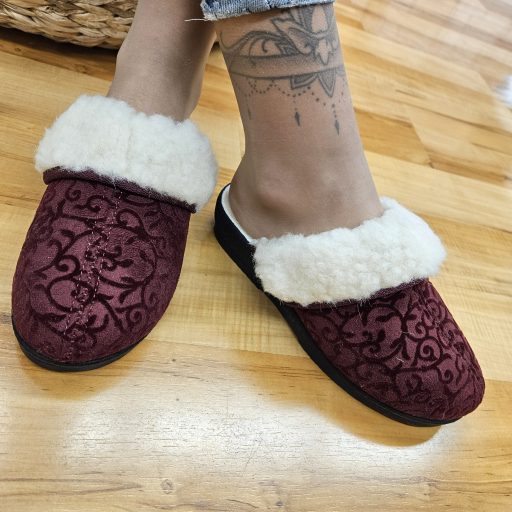 Mjartan szőrme galléros mintás bordó gyapjú melegpapucs 