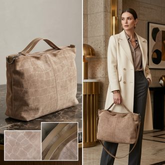   Kézi,- váll,- és oldaltáska anyagában mintás velúr hatású khaki