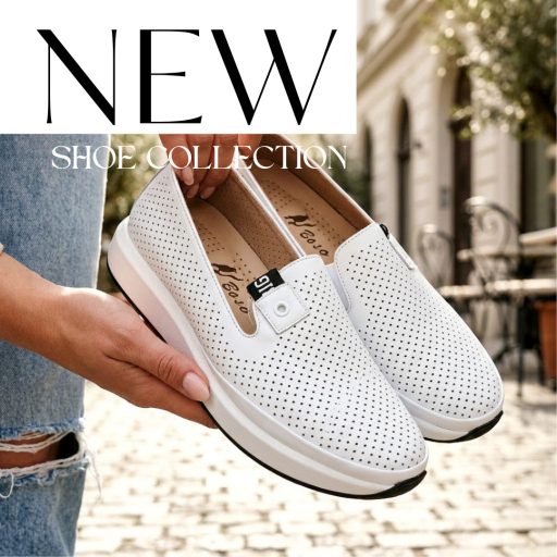 Bos enyhén emelt talpú lyukacsos fehér bőr slip-on 