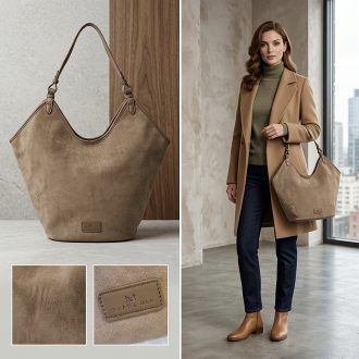 ALEX&MIA válltáska velúr hatású nagyméretű khaki 