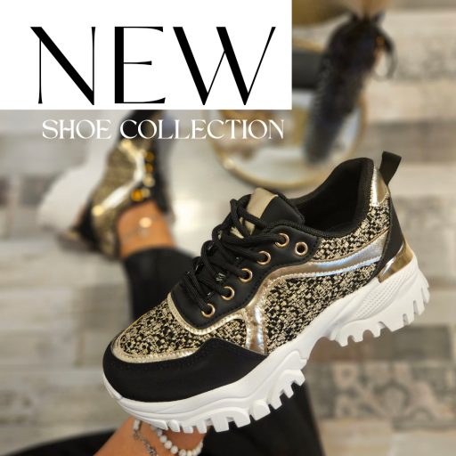 SMILE platform vagány talpas fekete-arany mintás sneaker 