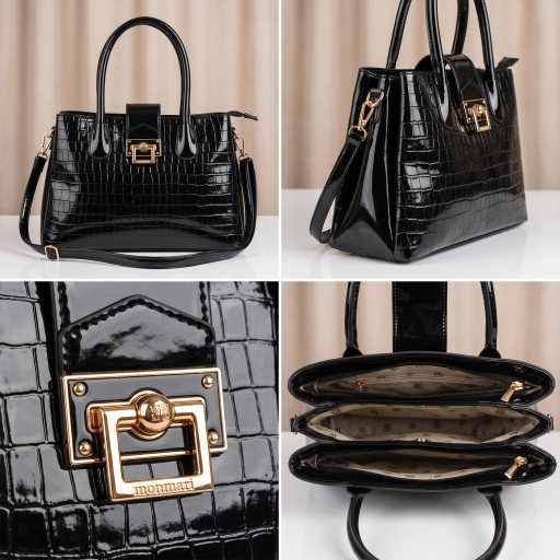 MONNARI kézi,- váll,- és oldaltáska croco mintás magasfényű elegáns fekete 