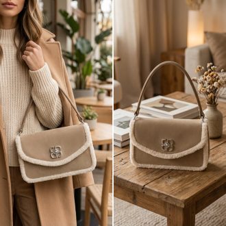 DAVID JONES váll,- és oldaltáska szőrmés szélű taupe