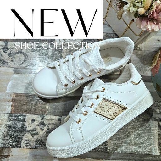 Co lapos talpú oldalán arany mintás fehér sneaker 