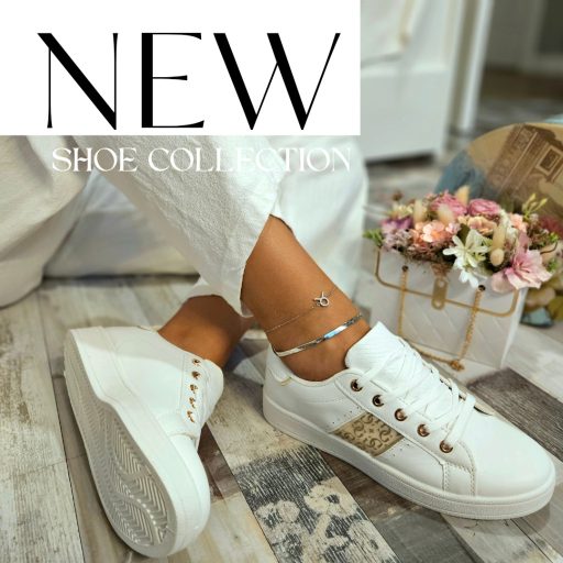 Co lapos talpú oldalán arany mintás fehér sneaker 