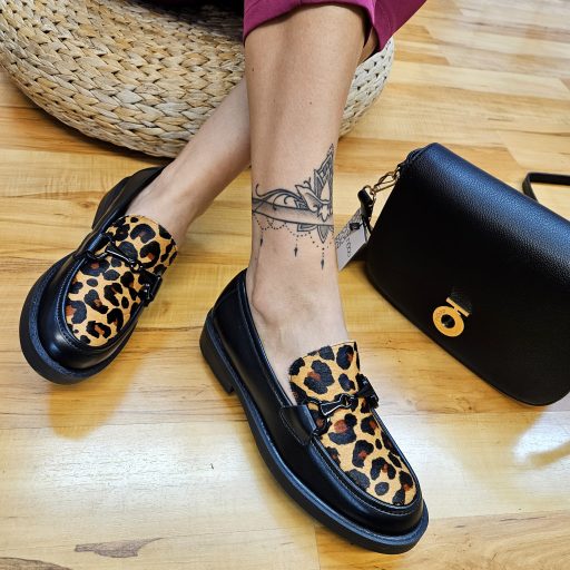 FRANCESCO MILANO PREMIUM extravagáns leopárd mintás fekete loafer