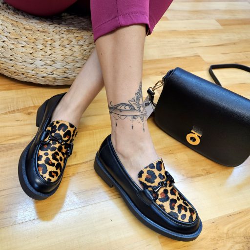FRANCESCO MILANO PREMIUM extravagáns leopárd mintás fekete loafer