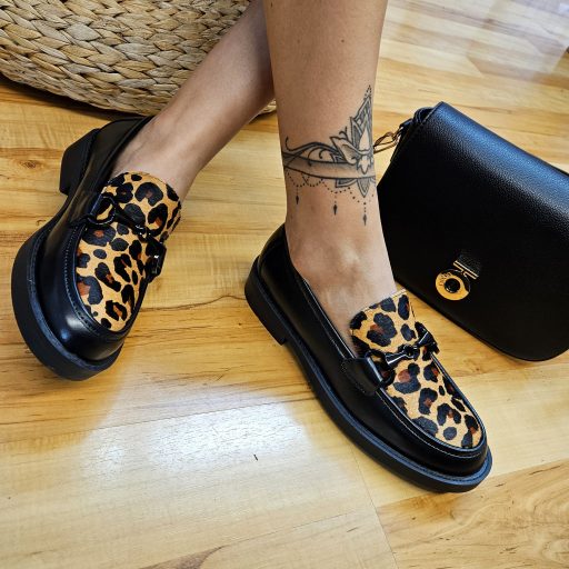 FRANCESCO MILANO PREMIUM extravagáns leopárd mintás fekete loafer
