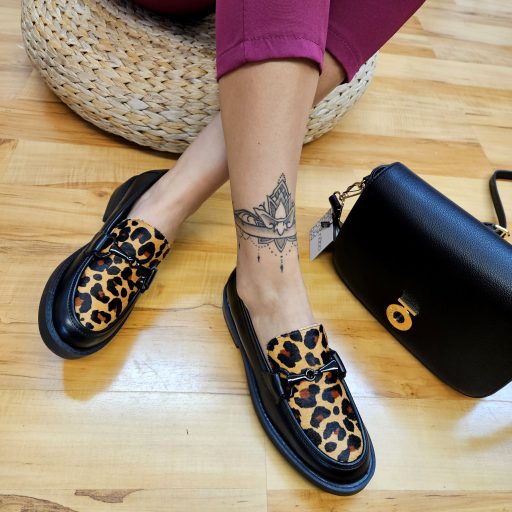 FRANCESCO MILANO PREMIUM extravagáns leopárd mintás fekete loafer
